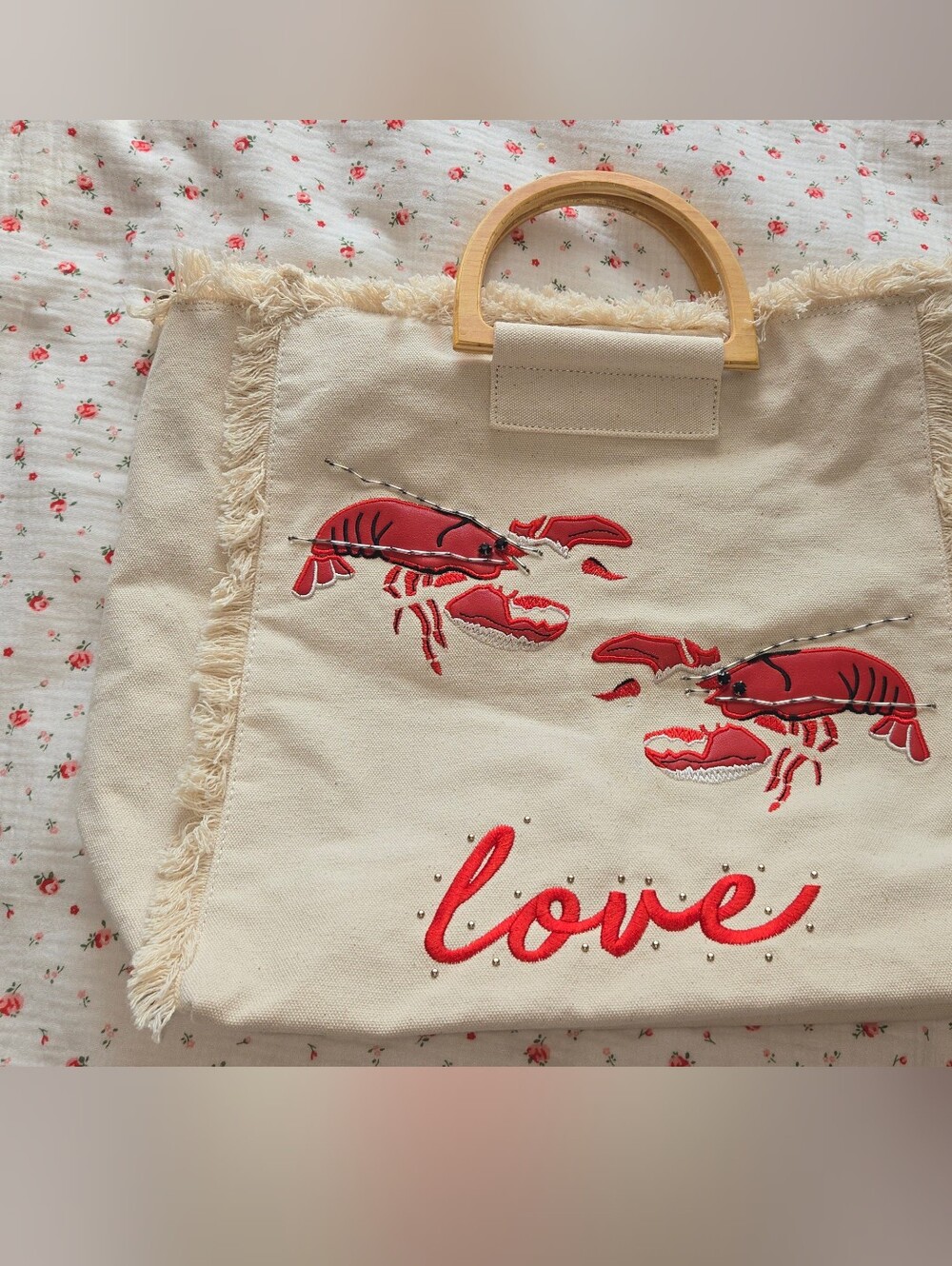 Vintage Topshop Canvas Tote With Beaded Lobsters NWOT - Picture 2 of 5